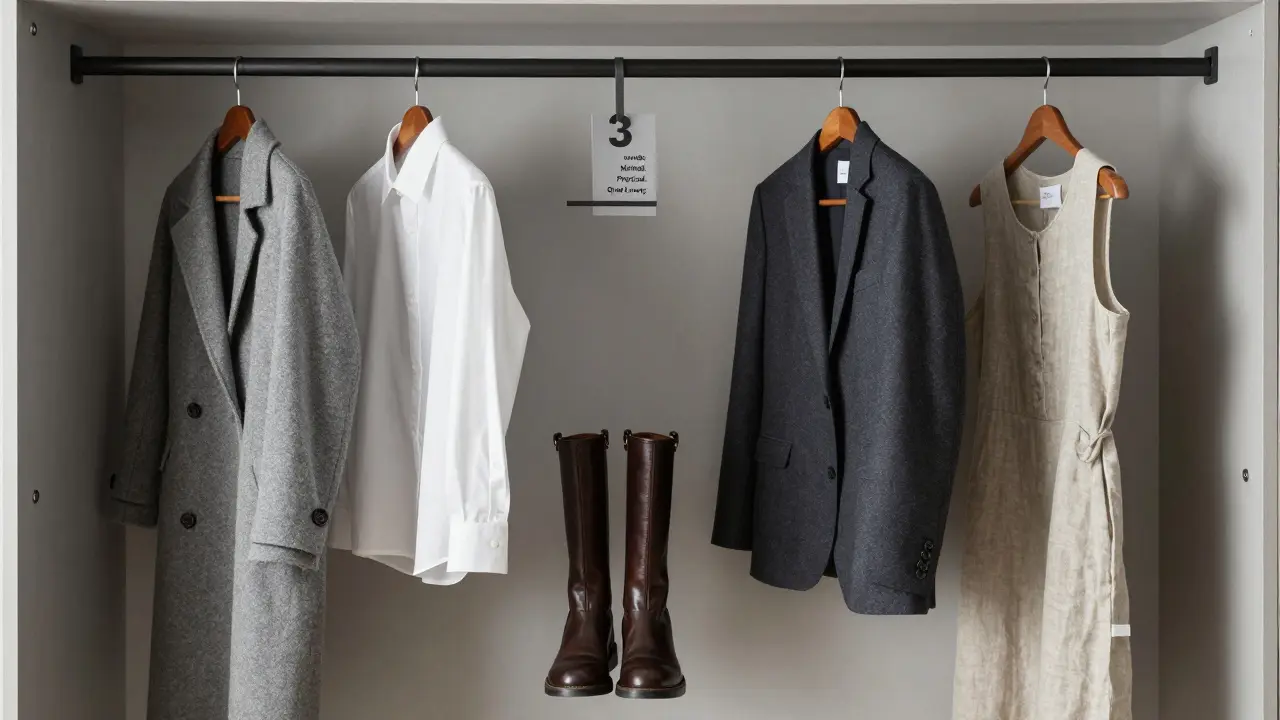 A minimalist closet with five timeless clothing items hung neatly in neutral tones.