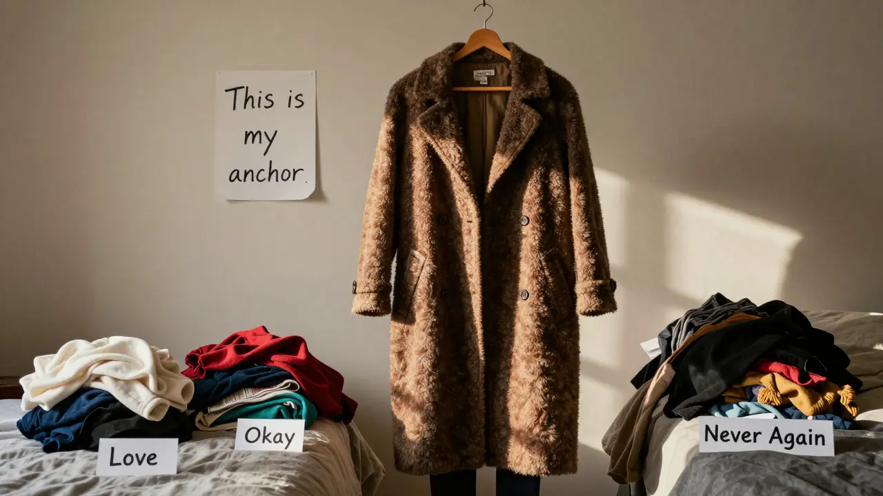 A person holding a vintage thrifted coat amid sorted clothing piles, with sunlight highlighting the anchor piece.