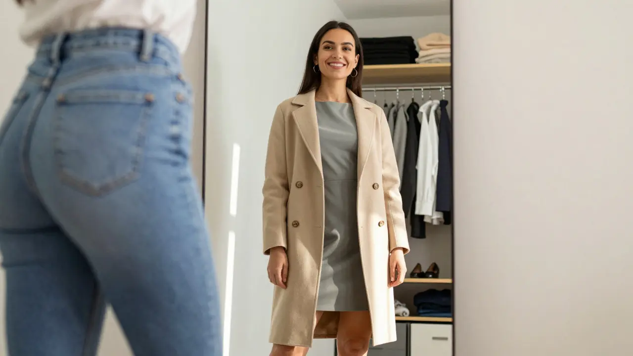 A person smiling at their reflection in a minimalist, well-organized closet.