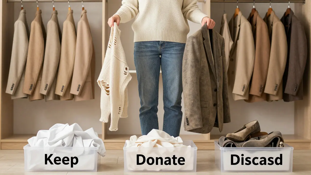 A person sorting clothes into three piles: keep, donate, discard, with an organized closet behind.