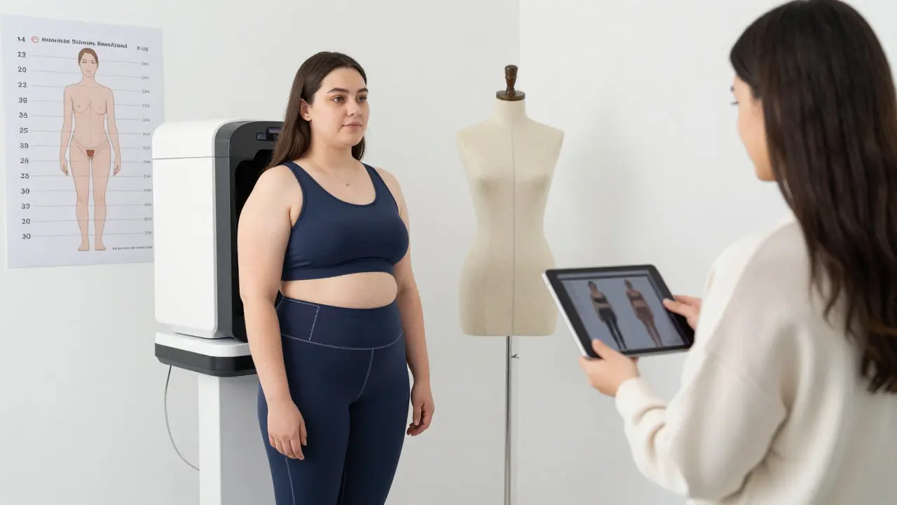 A plus-size woman undergoing 3D body scanning for activewear design, with a designer reviewing fit data on a tablet.