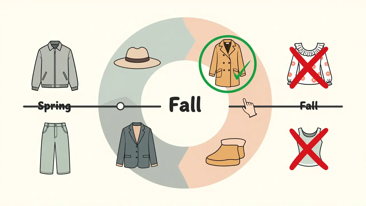 A seasonal fashion guide diagram showing recommended clothing items for each season with icons and checkmarks.