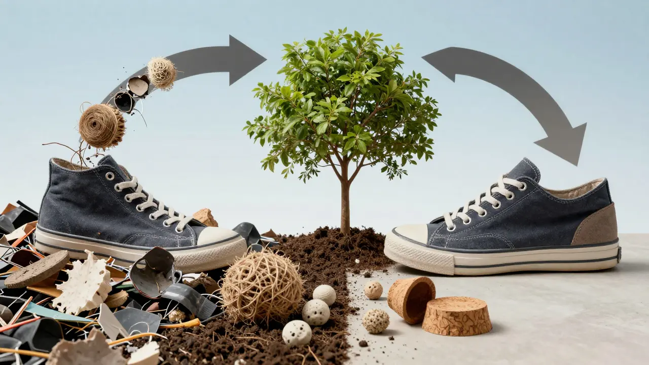 A shoe's lifecycle contrast: landfill decay vs. composting into new growth