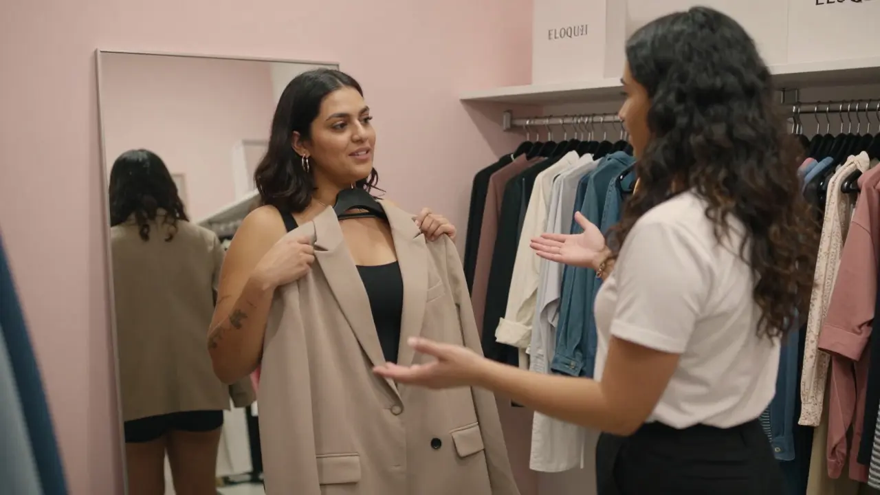 A size-inclusive stylist adjusts a blazer on a curvy client in a boutique, surrounded by extended-size fashion brands.