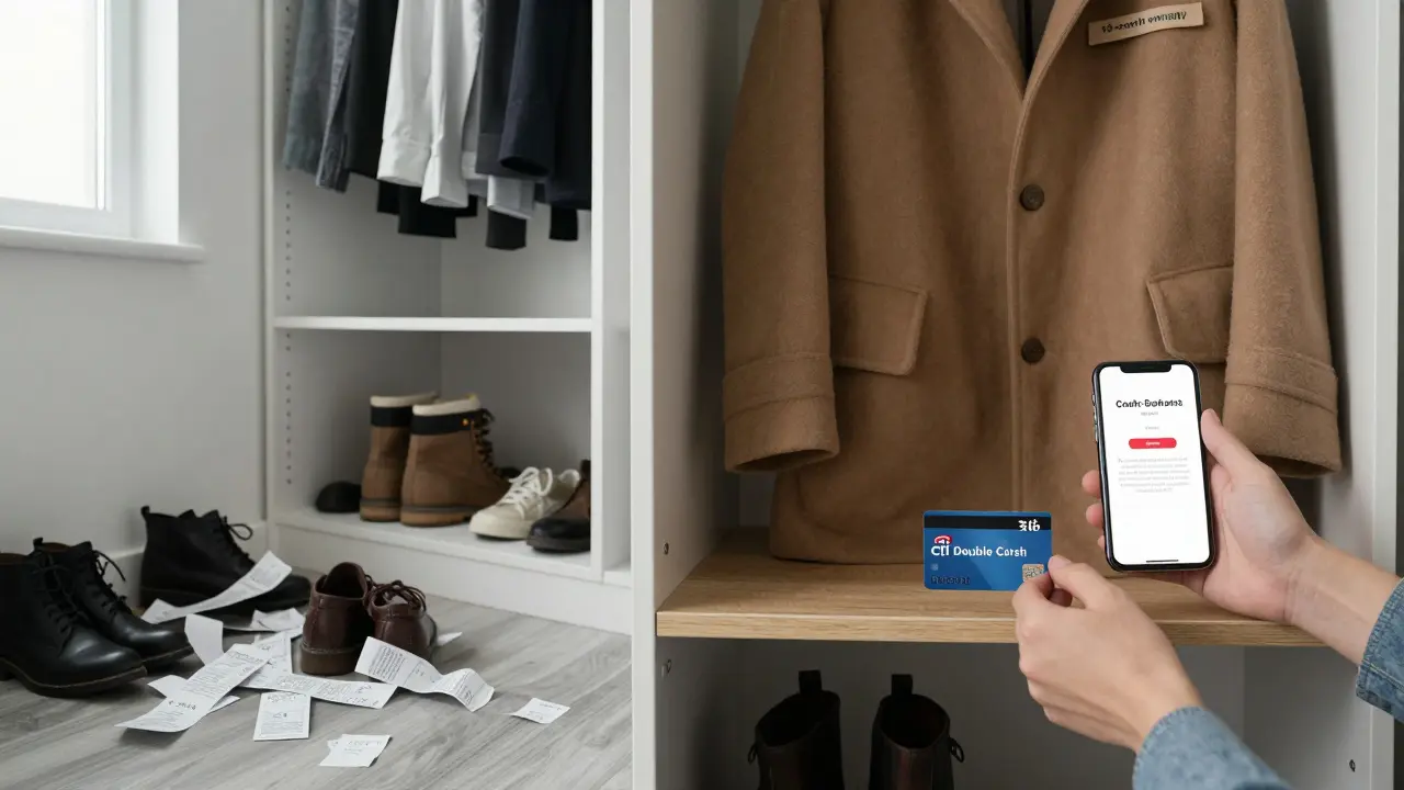 A split-screen showing a cluttered closet versus an organized wardrobe with a credit card and warranty tag.