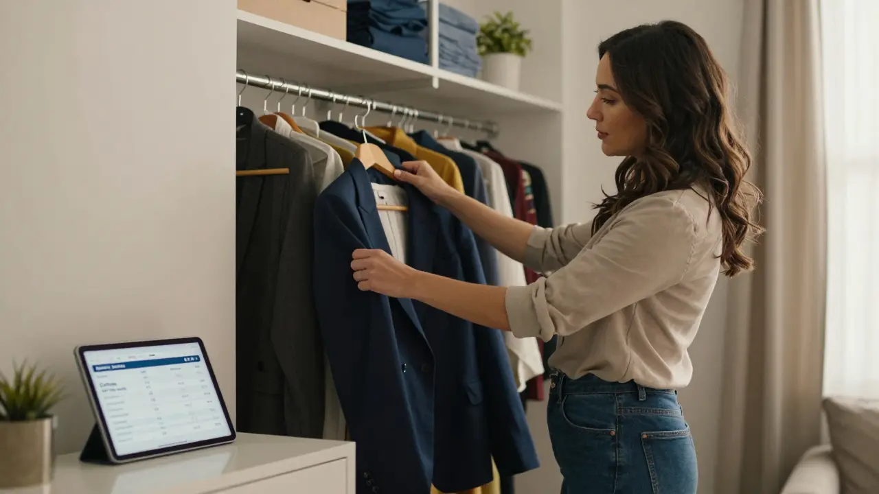 A woman confidently mixing clothes from an organized closet while viewing a spending report on a tablet.