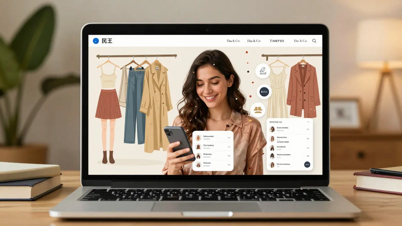 A woman smiles at her laptop screen during a virtual styling session, with digital brand icons floating around her cozy room.