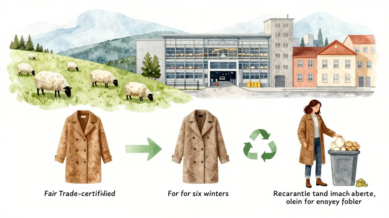 A wool coat’s lifecycle shown through circular scenes: farm, factory, wear, recycle.