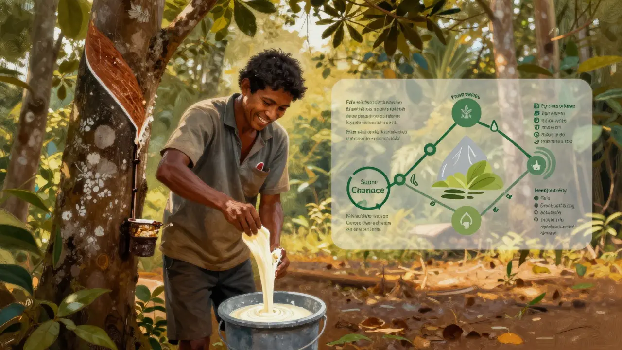 A worker harvesting wild rubber in the Amazon rainforest with fair trade supply chain visible