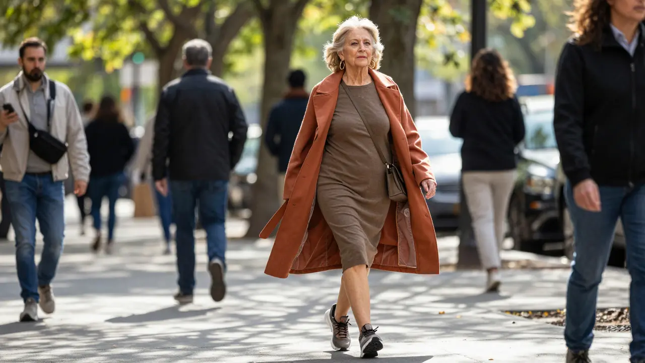 Active senior woman walking in sneakers and coat on city street.