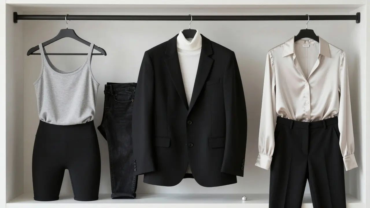 An oversized black blazer displayed as the centerpiece of three coordinated outfits on a minimalist wardrobe shelf.