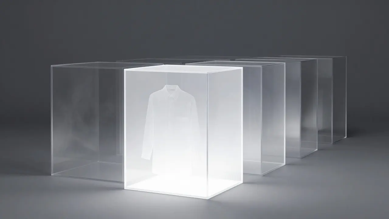 Clear glass box garment contrasts with opaque smoky boxes