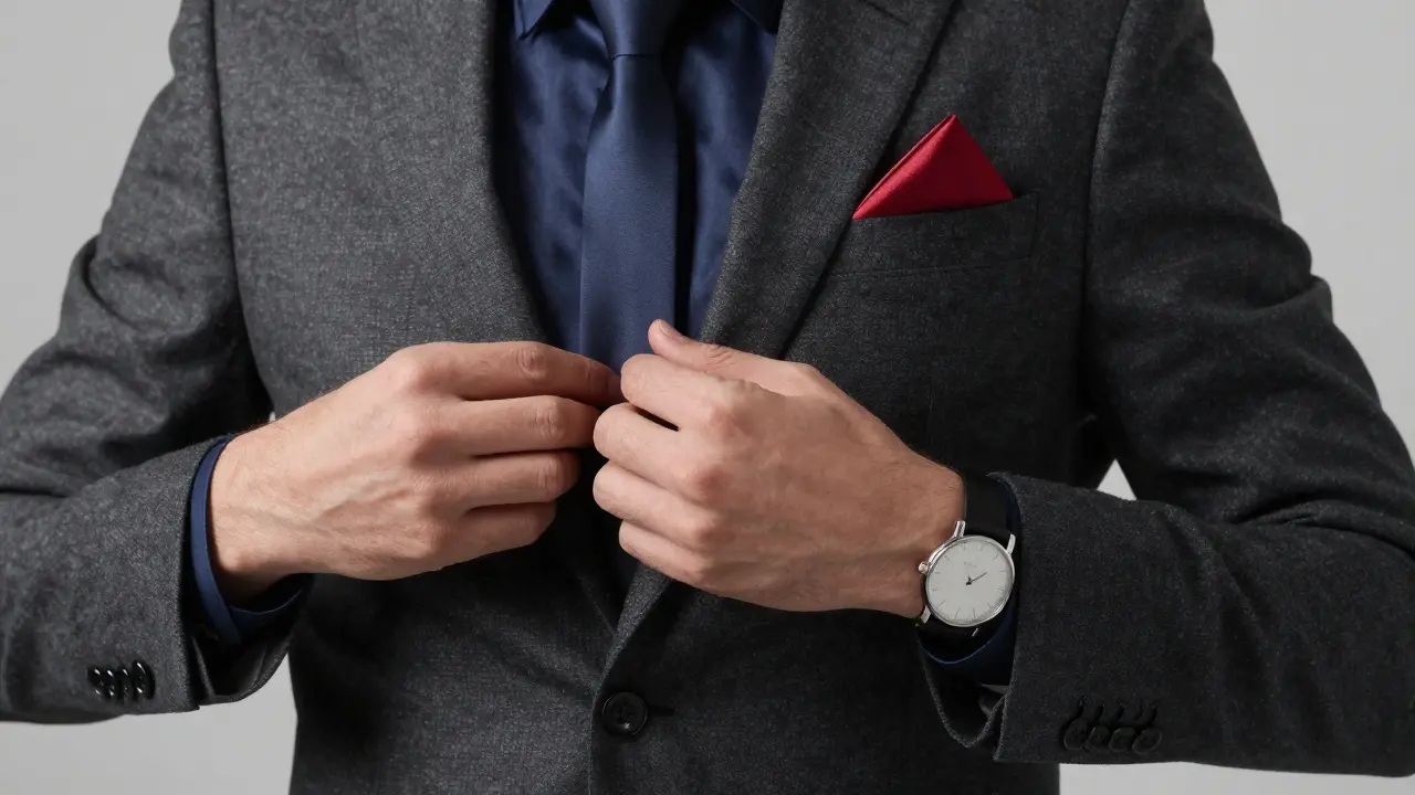 Close-up of hands adjusting a blazer with a red pocket square and minimalist watch.