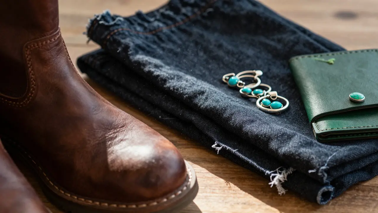 Close-up of leather boots, denim fabric, and silver jewelry textures.