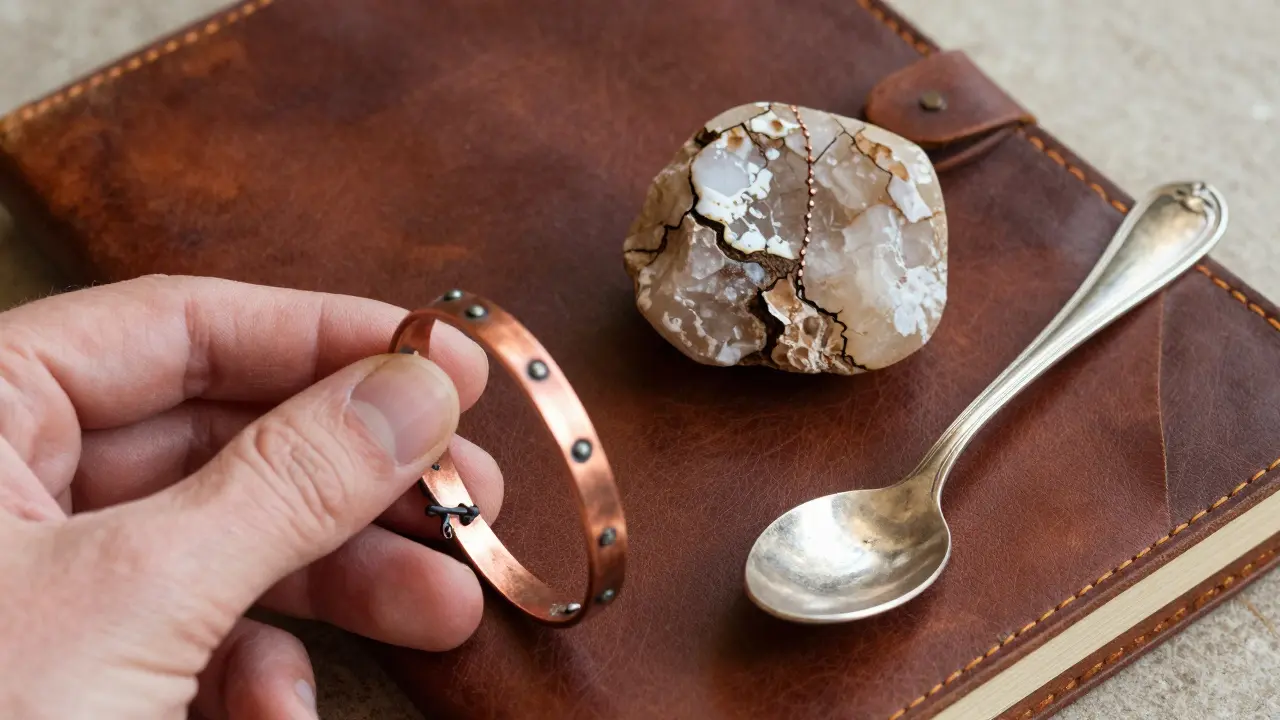Close-up of recycled copper bracelet beside desert quartz stone and melted silver spoon, on a leather journal.