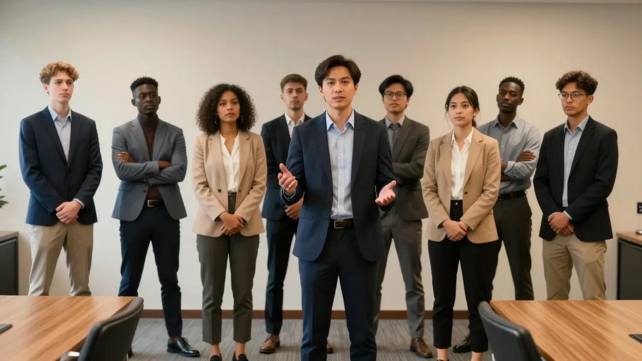Diverse group of professionals in tailored outfits in a conference room, speaking with confidence.