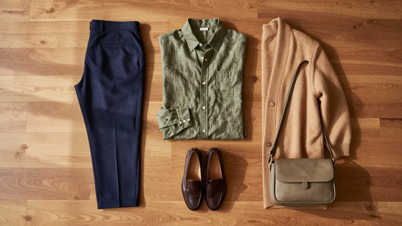 Flat lay of capsule wardrobe with linen and cashmere fabrics.