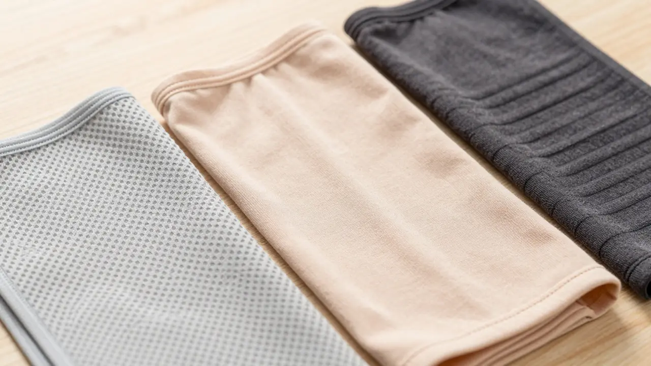 Flat lay of cotton mesh and spandex fabric samples for maternity wear