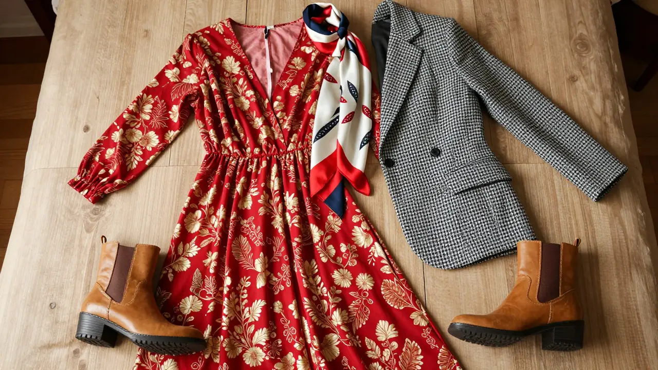 Floral dress, houndstooth blazer, and leather boots arranged on bed with silk scarf connecting them.