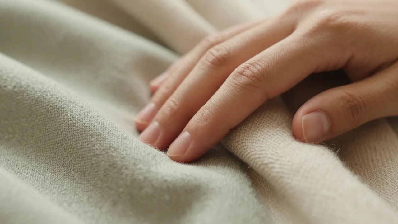Hands gently resting on soft natural fabric texture