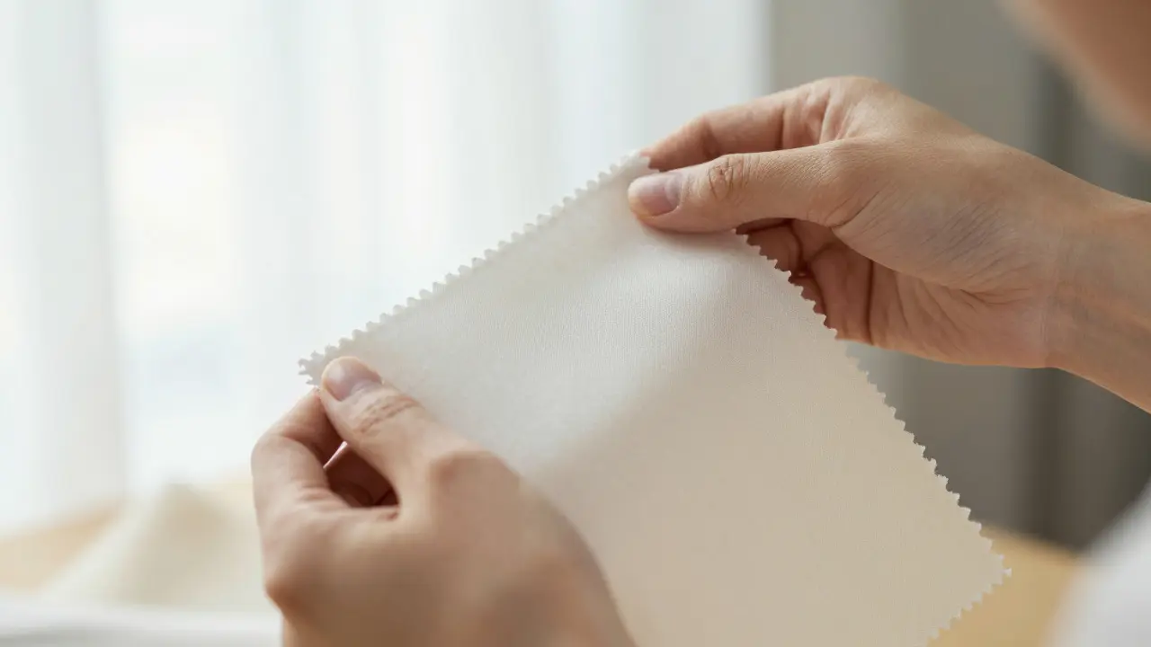Hands holding fabric swatches near face to test skin undertones.