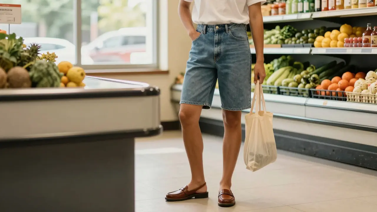 Man in denim shorts and white tee wearing loafer sandals at a grocery store.