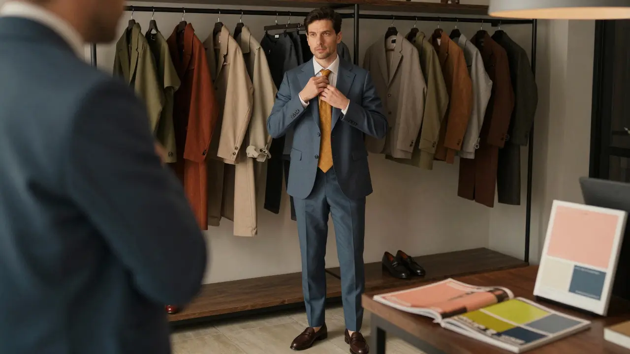 Man in slate blue suit tying a mustard tie, surrounded by his earth-toned wardrobe.