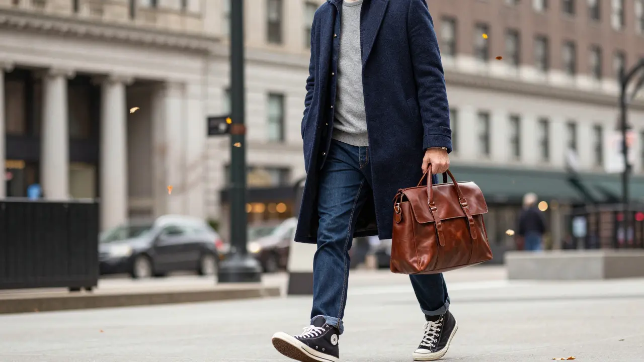Man in vintage band tee and wool overcoat walking urban street with leather satchel and high-top sneakers.