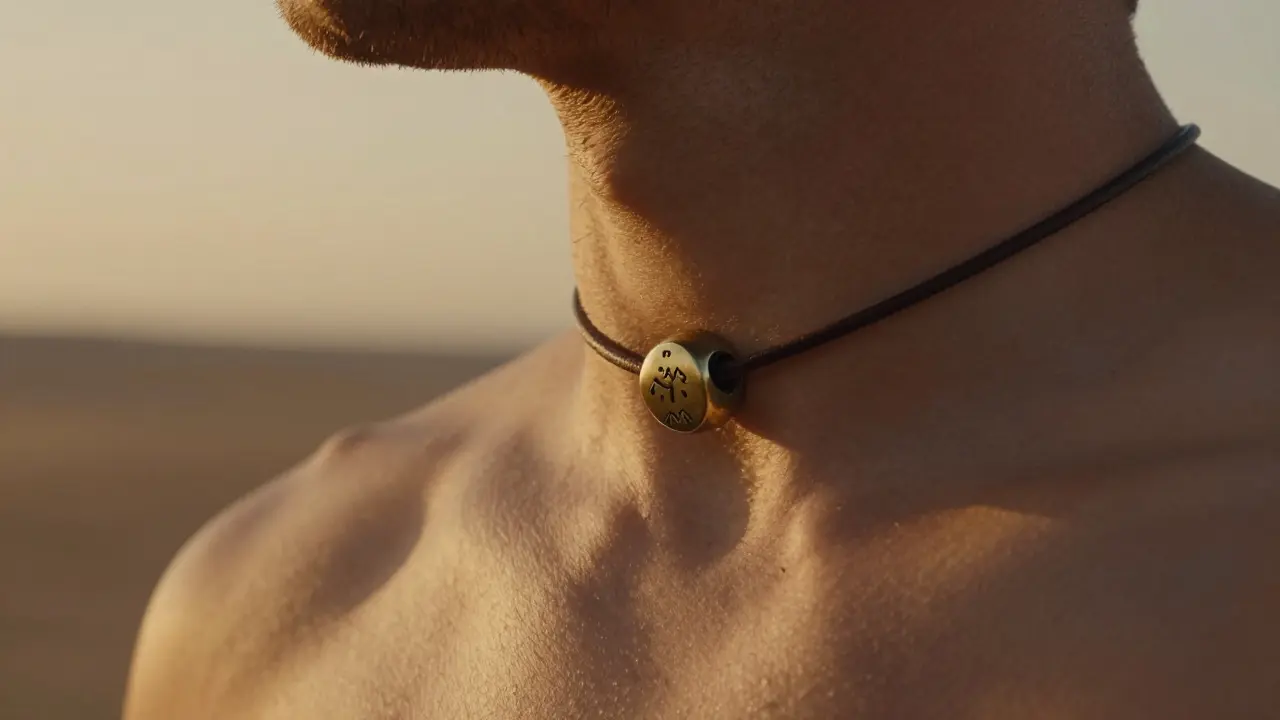 Man with leather cord and bronze signet ring against desert landscape at golden hour, showcasing raw metal texture.