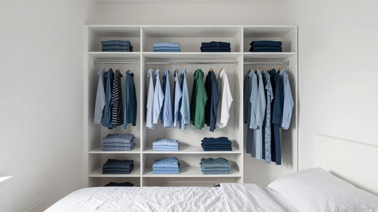 Minimalist wardrobe with neatly folded neutral outfits