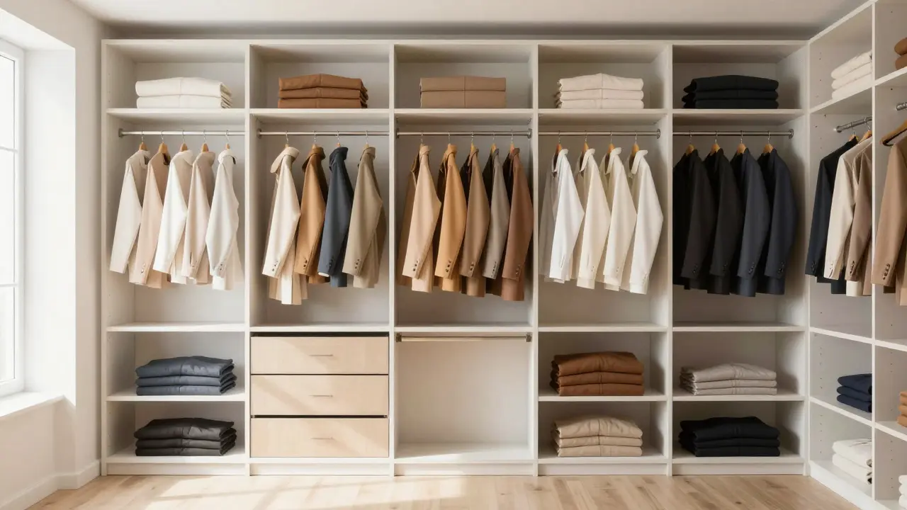 Organized closet with clothes arranged by color family gradient.