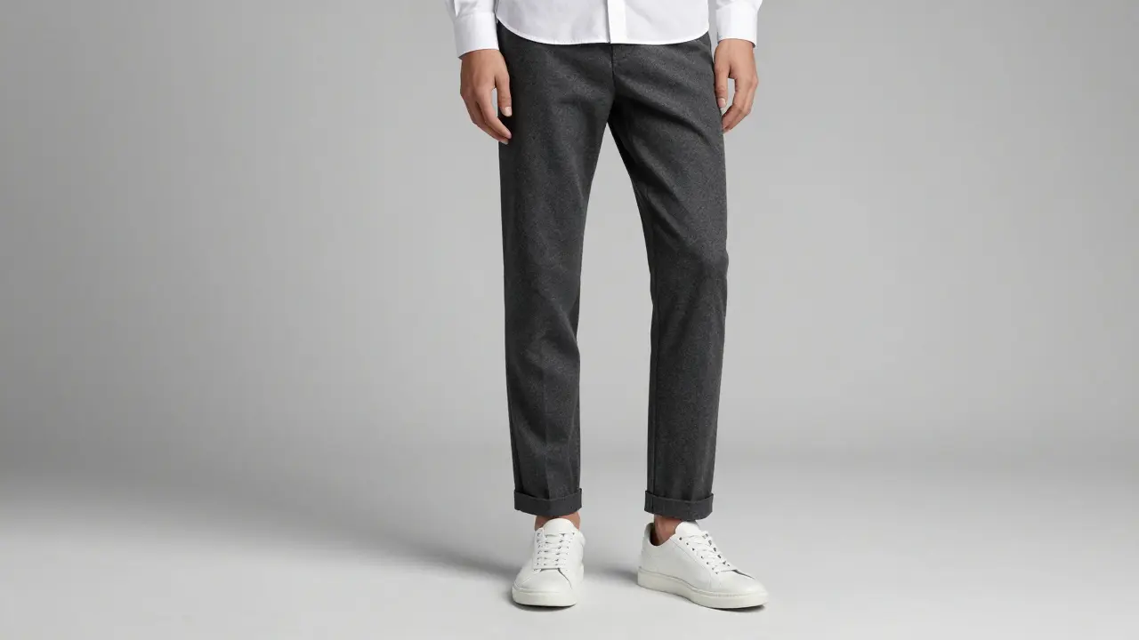 Person in tailored grey trousers modeling minimalist leather sneakers