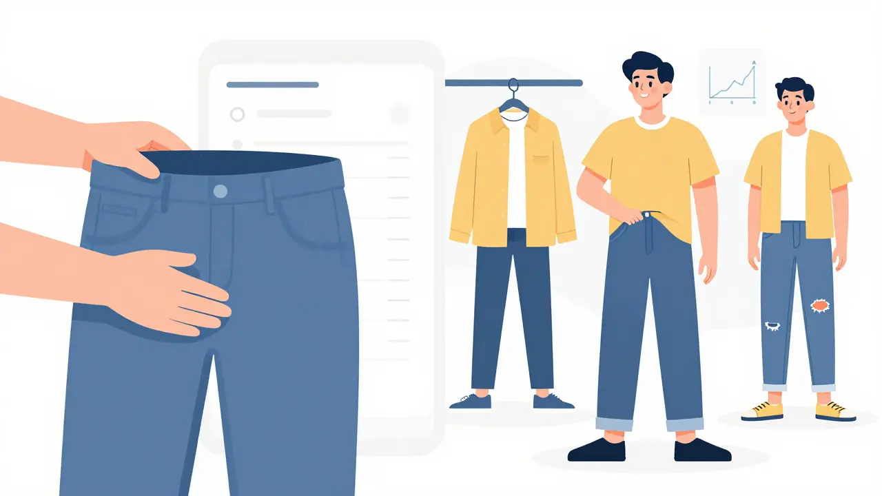 Split-screen: one side shows impulsive jean shopping, the other shows confident styling with one well-worn pair.