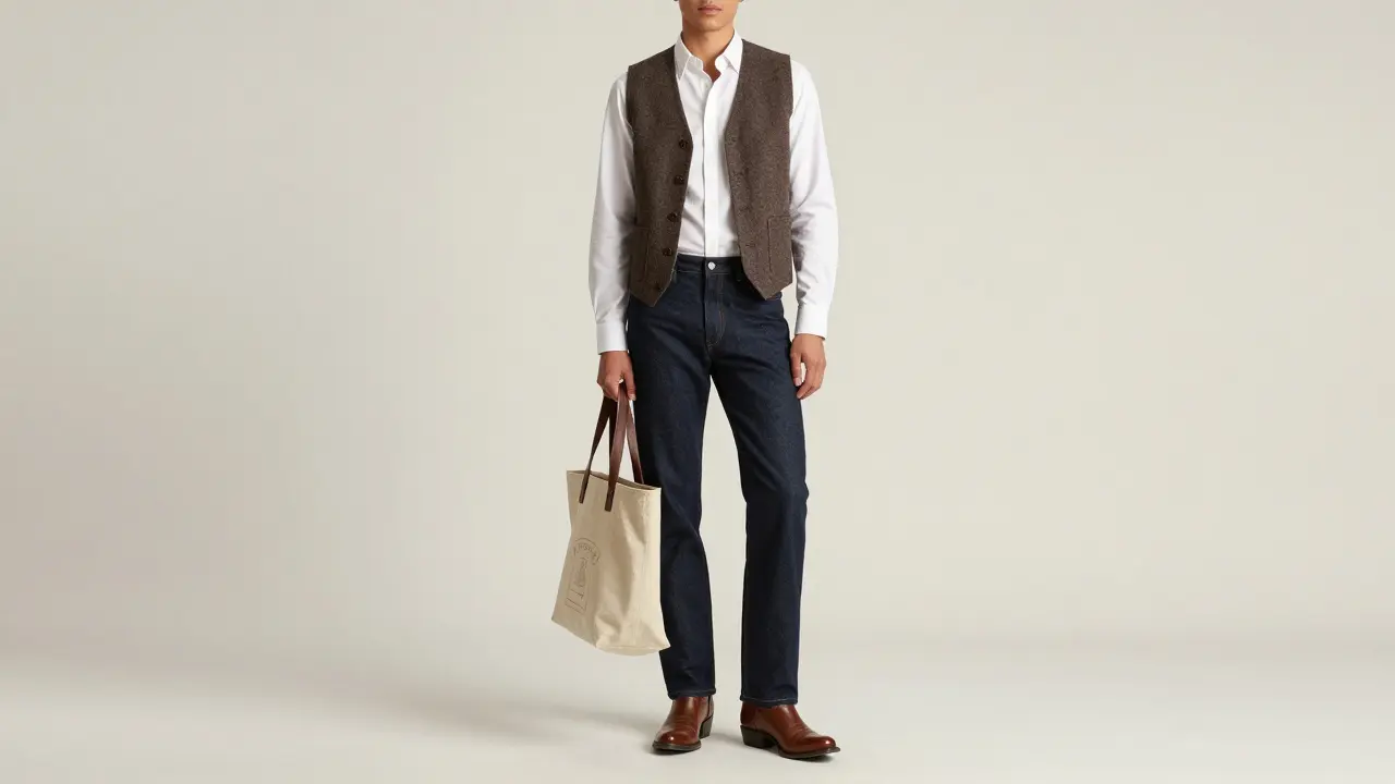 Studio portrait of person wearing capsule western style outfit with tote.