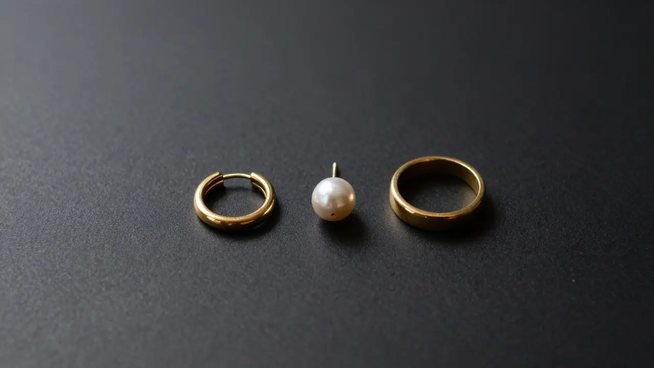 Three essential jewelry pieces: a hoop earring, pearl stud, and gold ring on a black surface.