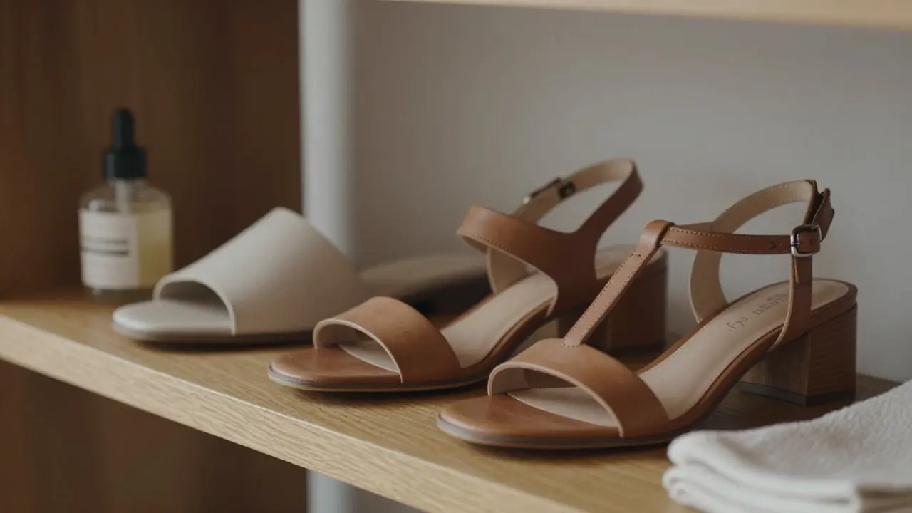 Three polished summer sandals—slide, slingback, and gladiator—on wooden shelf with care tools.
