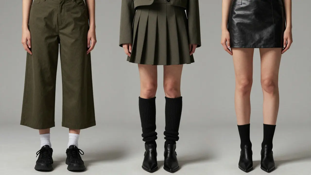 Three sock-and-pant pairings: wide-leg, pleated skirt, and leather mini with matching footwear.