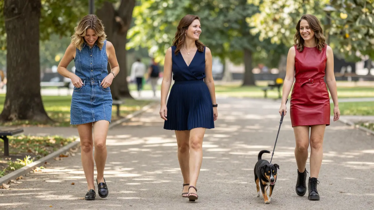 Three women of different ages wearing mini skirts in a park, smiling and walking naturally.