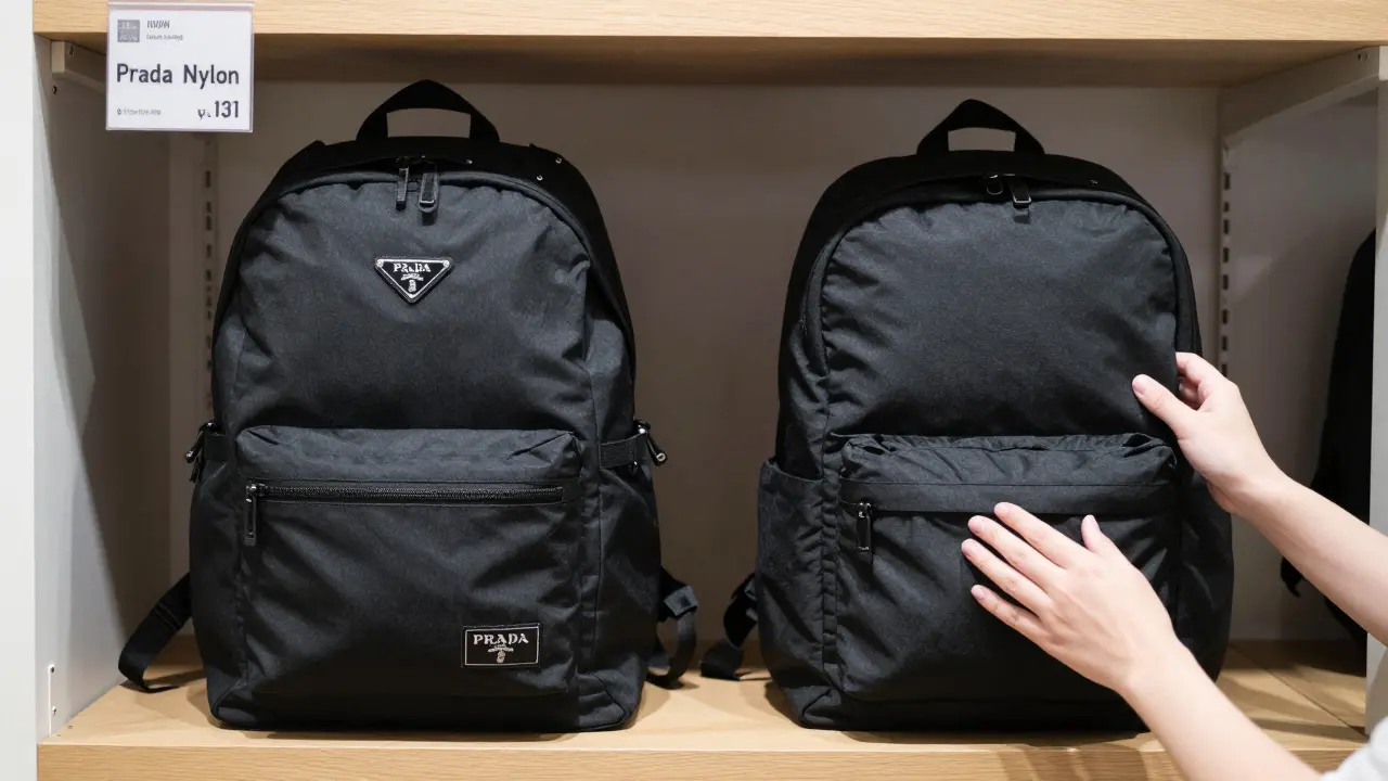 Two minimalist black backpacks side by side: one labeled Prada, the other Uniqlo, highlighting similar design without branding.