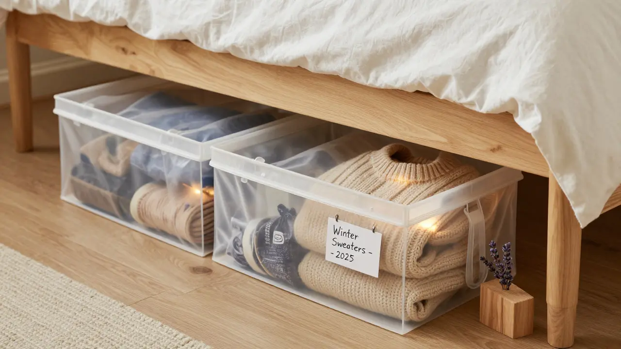 Vacuum bags stored under a bed with cedar blocks and labeled for seasonal storage.