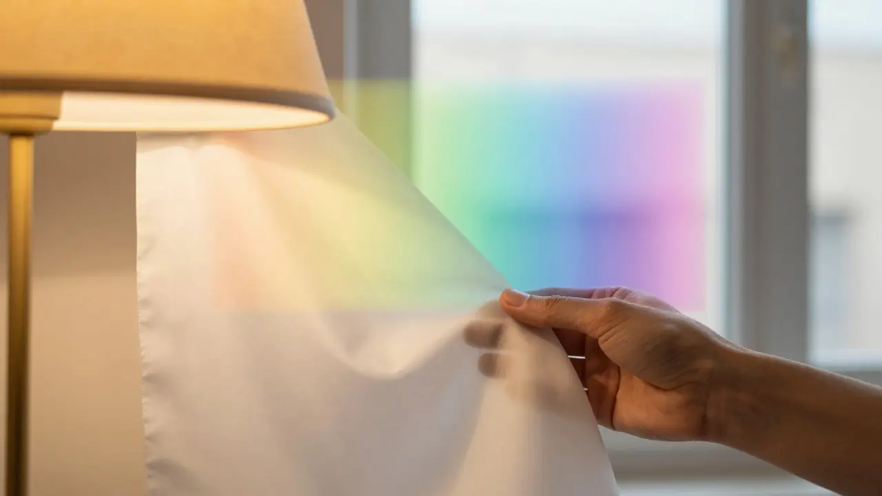White fabric under warm lamp and daylight, showing color shift due to lighting.