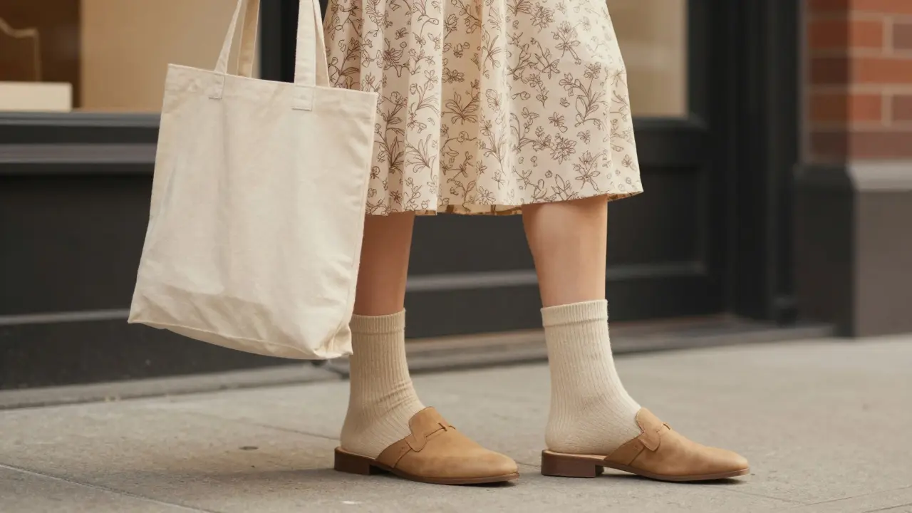 Woman with floral skirt, beige socks, and tan mules carrying a tote bag.