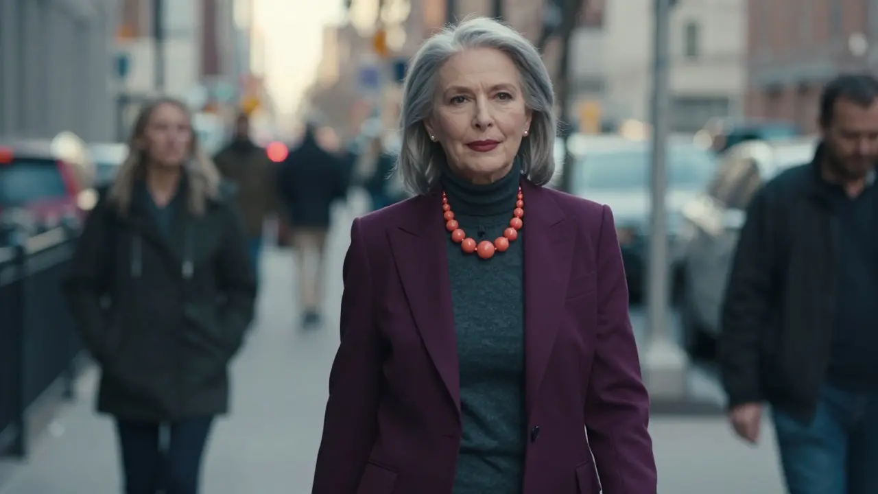 Woman with silver hair wearing a plum blazer and coral necklace, walking on a city sidewalk.
