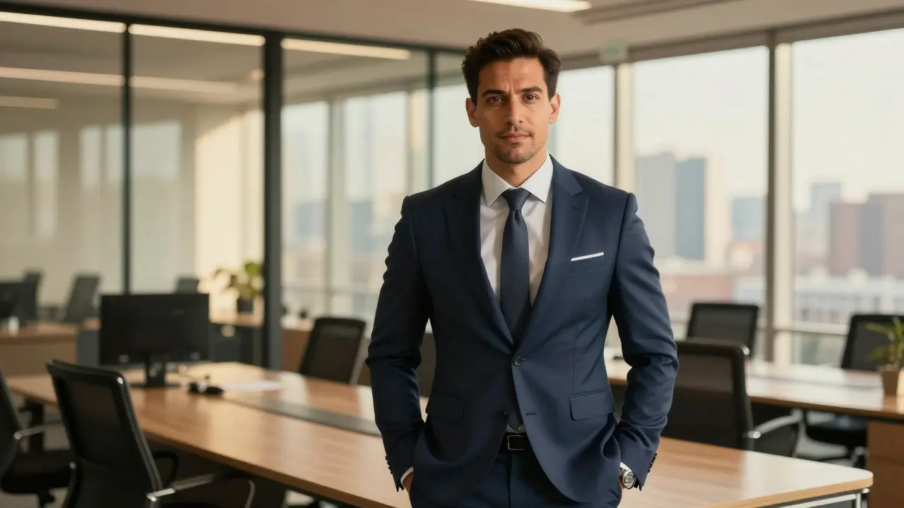 A confident professional man in a tailored suit standing in a modern office.