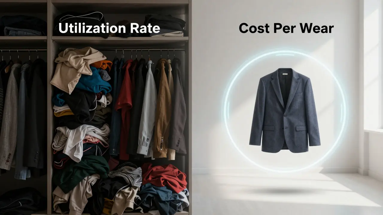 A contrast between a cluttered fast-fashion closet and a single, timeless garment representing high utilization.