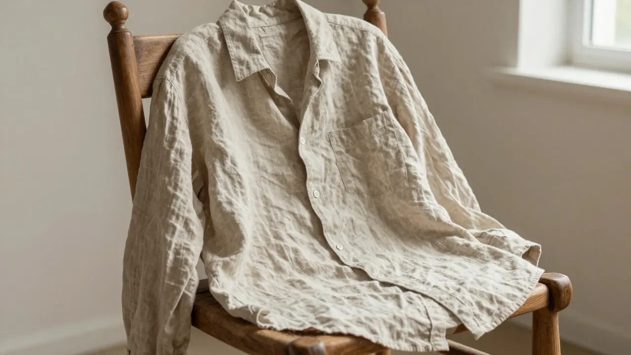 A cream-colored linen shirt draped on a wooden chair in soft sunlight.
