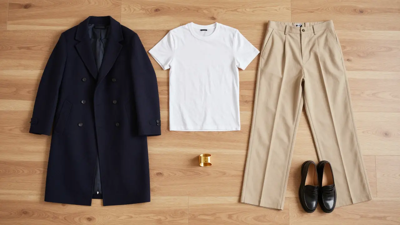A curated capsule wardrobe with neutral clothing and a gold cuff on a light wooden floor.