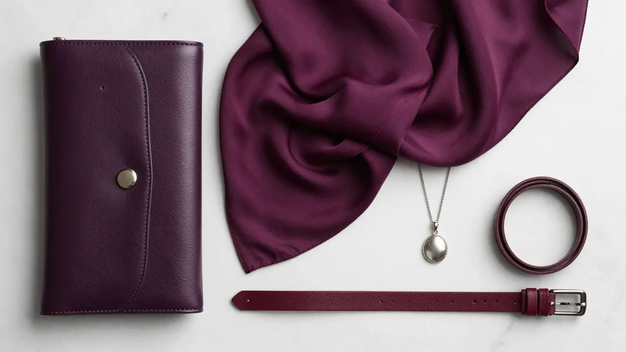 A curated gradient set of purple, plum, and burgundy accessories on white marble.