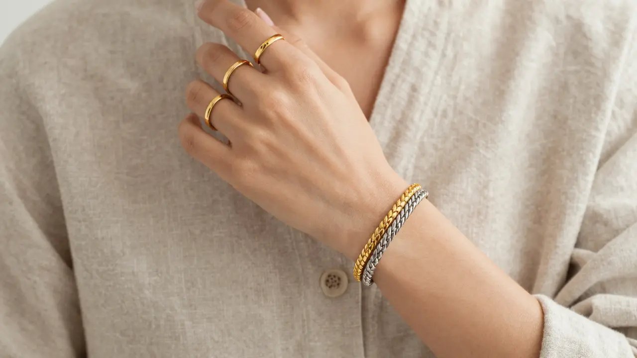 A hand wearing a mix of gold and silver rings and a two-tone braided bracelet.