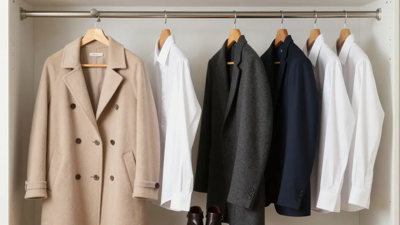 A minimalist and organized capsule wardrobe with high-quality neutral clothing.